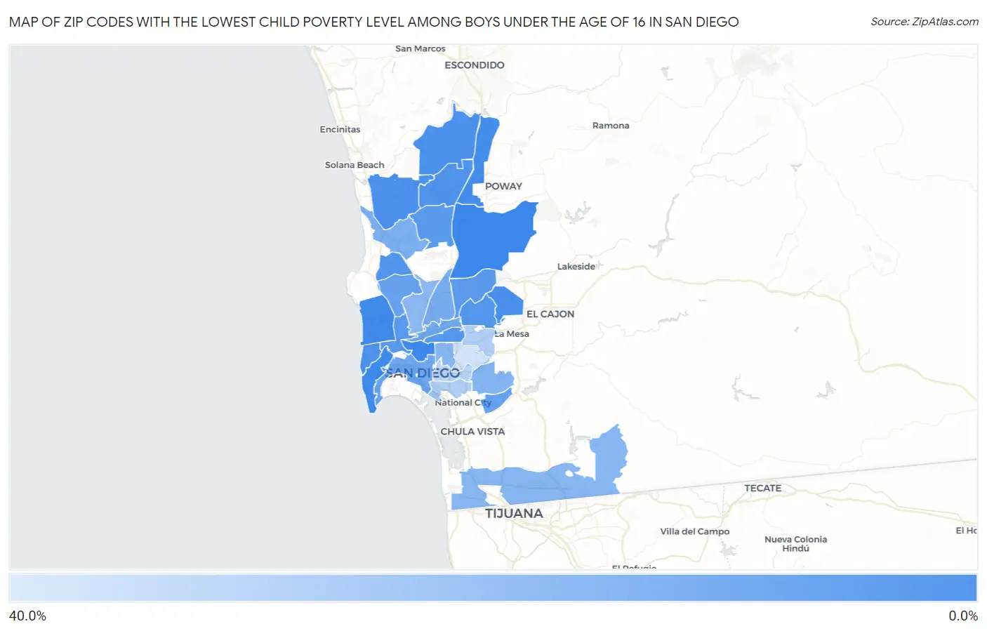Zip Codes with the Lowest Child Poverty Level Among Boys Under the Age of 16 in San Diego Map