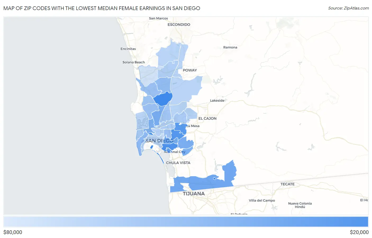 Zip Codes with the Lowest Median Female Earnings in San Diego Map