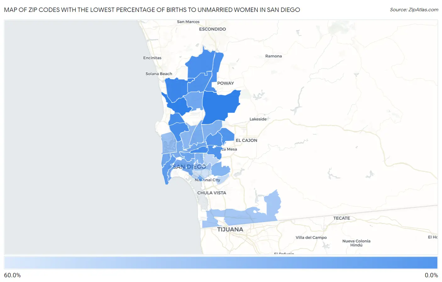 Zip Codes with the Lowest Percentage of Births to Unmarried Women in San Diego Map
