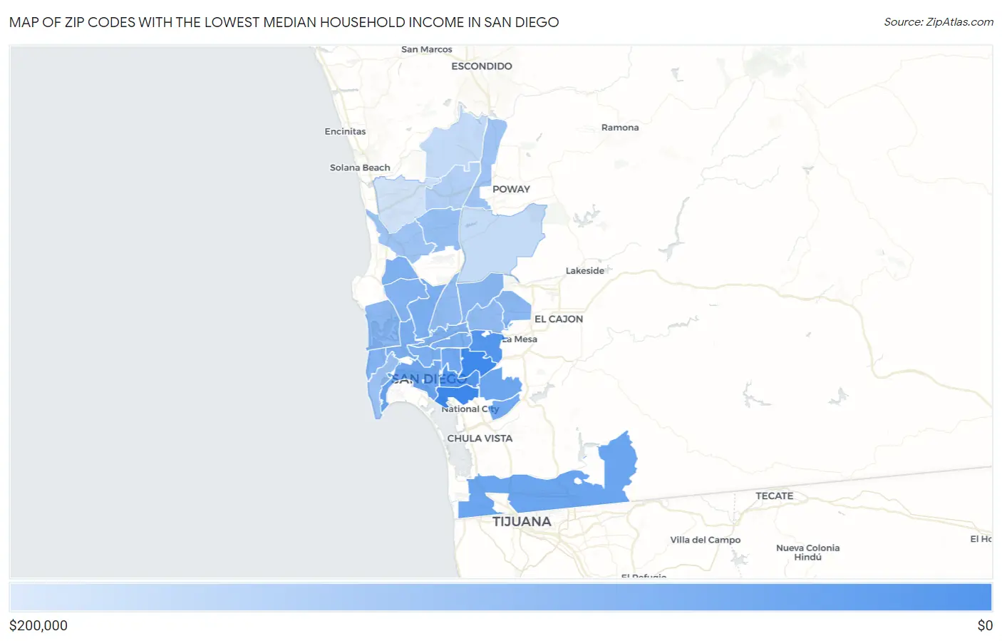 Zip Codes with the Lowest Median Household Income in San Diego Map