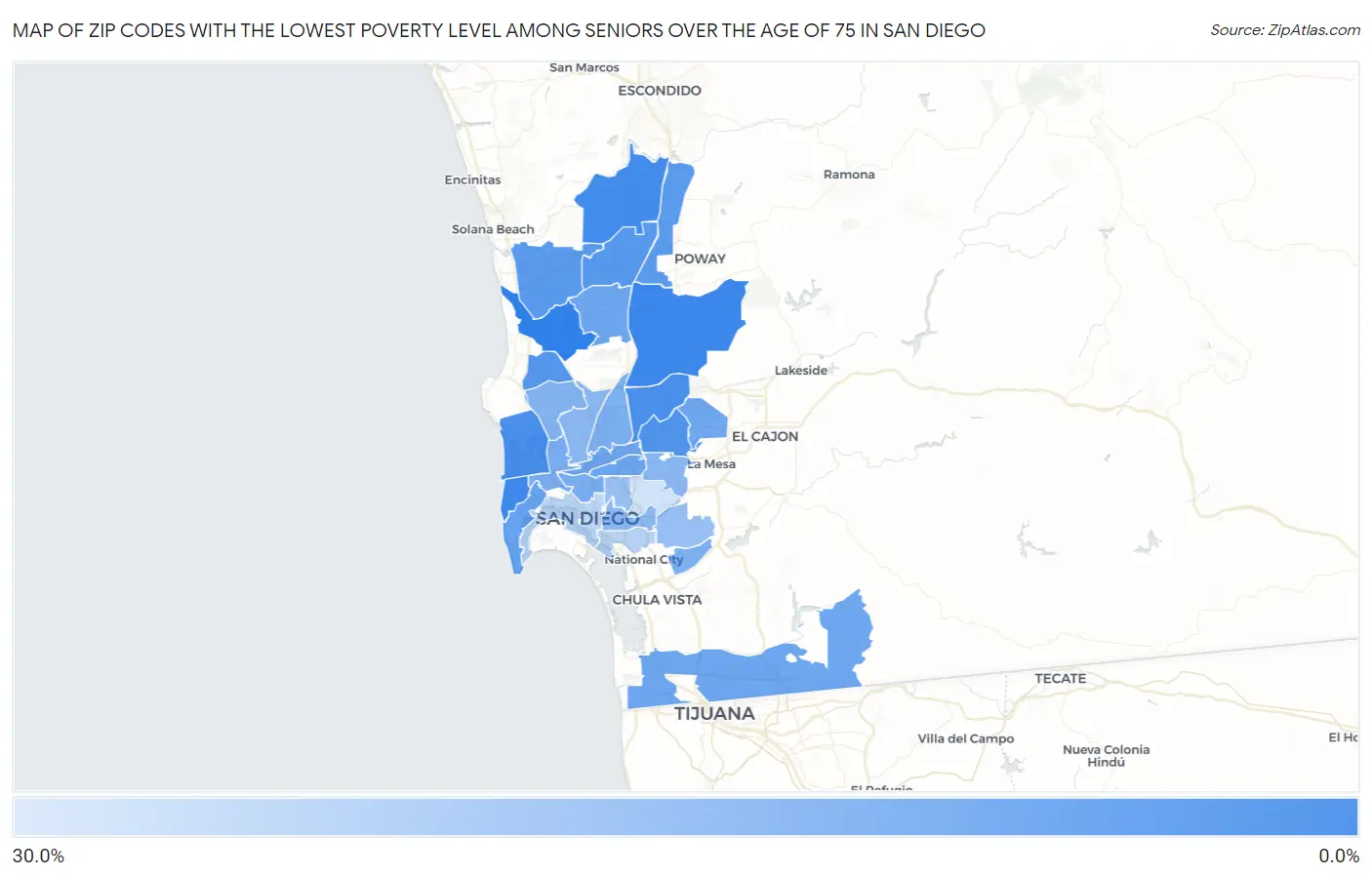 Zip Codes with the Lowest Poverty Level Among Seniors Over the Age of 75 in San Diego Map