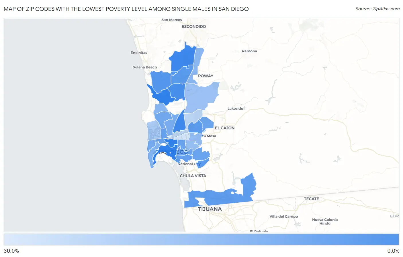 Zip Codes with the Lowest Poverty Level Among Single Males in San Diego Map