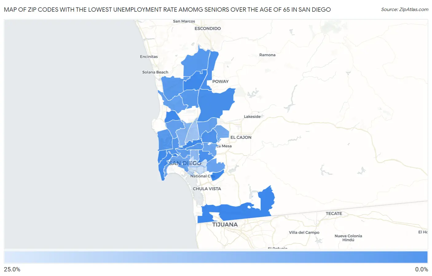 Zip Codes with the Lowest Unemployment Rate Amomg Seniors Over the Age of 65 in San Diego Map