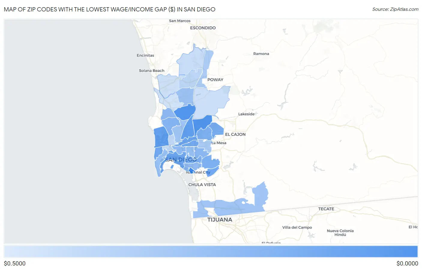 Zip Codes with the Lowest Wage/Income Gap ($) in San Diego Map