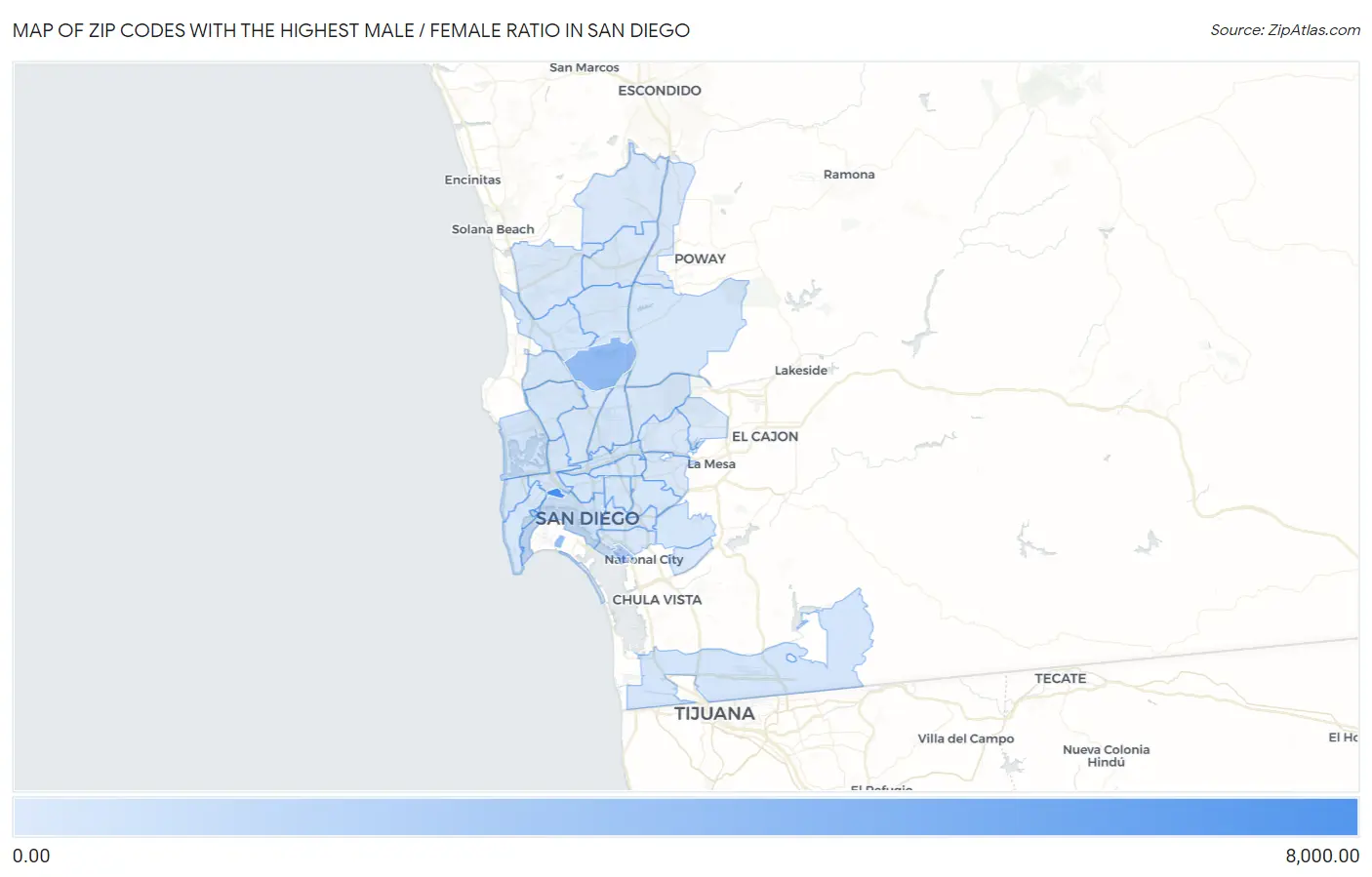 Zip Codes with the Highest Male / Female Ratio in San Diego Map