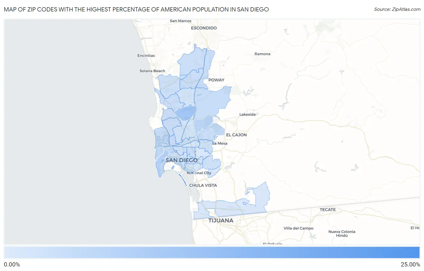 Zip Codes with the Highest Percentage of American Population in San Diego Map