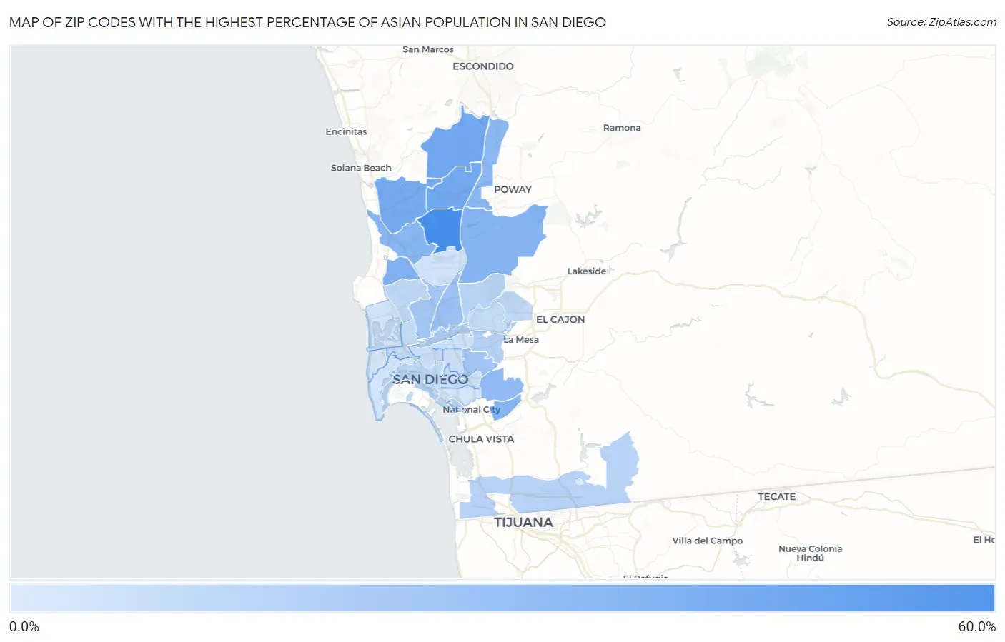 Zip Codes with the Highest Percentage of Asian Population in San Diego Map