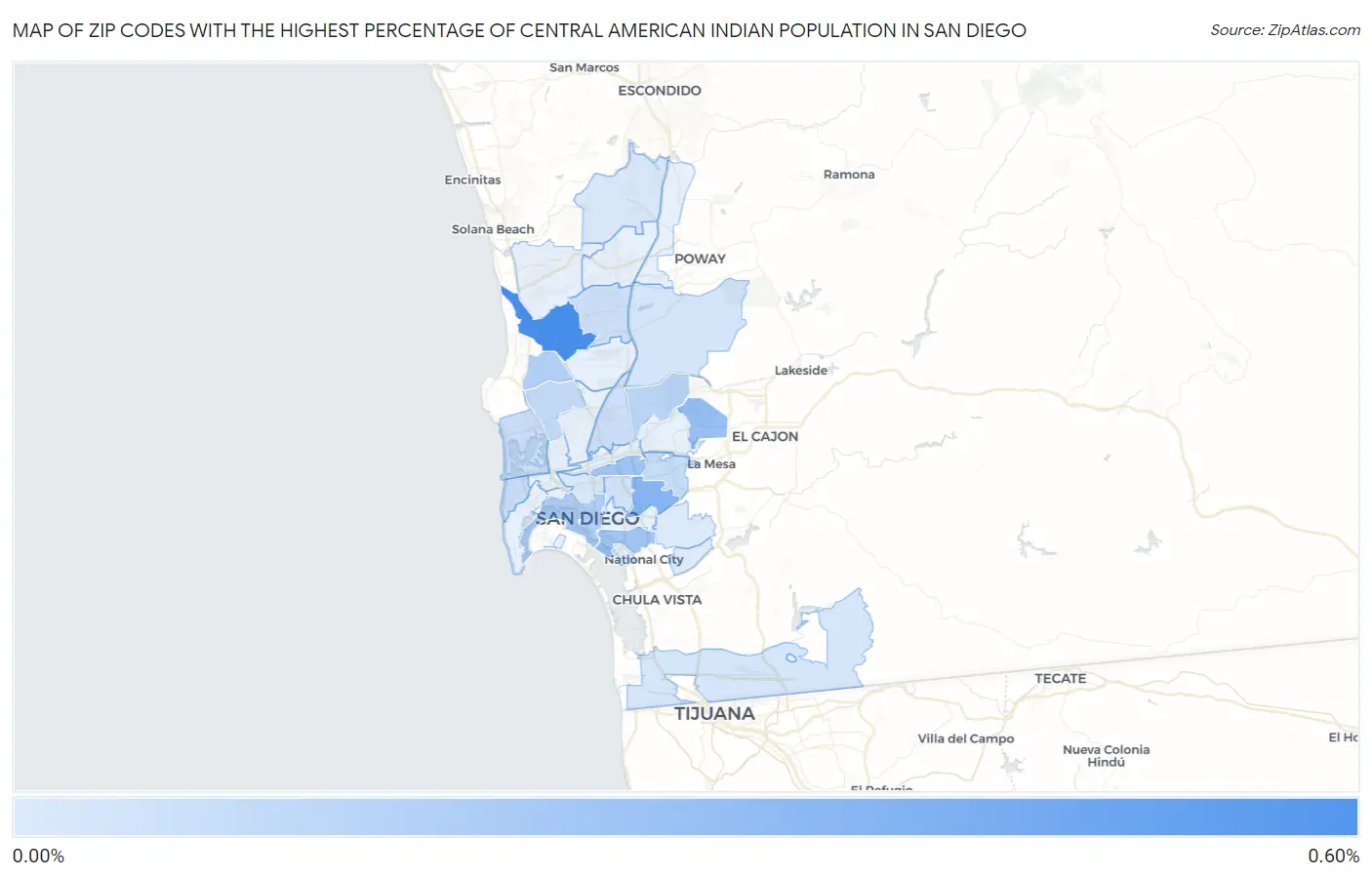 Zip Codes with the Highest Percentage of Central American Indian Population in San Diego Map