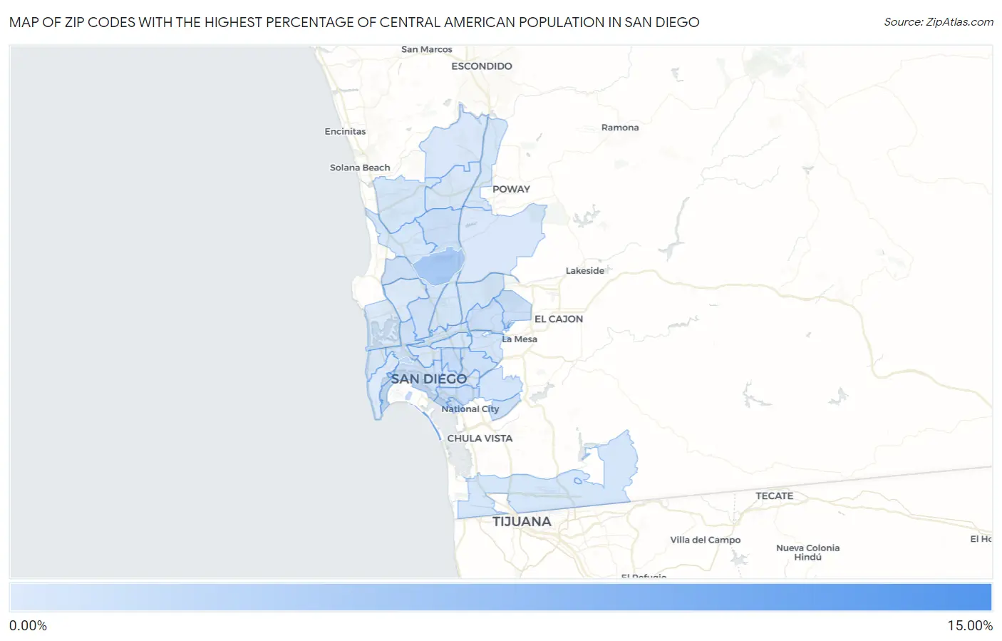 Zip Codes with the Highest Percentage of Central American Population in San Diego Map
