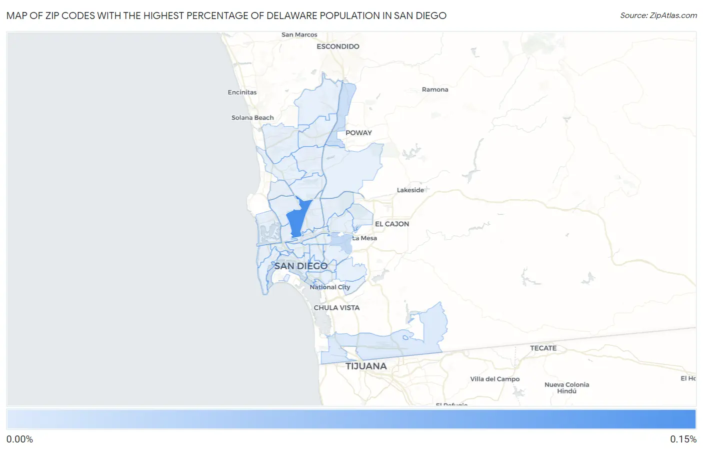 Zip Codes with the Highest Percentage of Delaware Population in San Diego Map