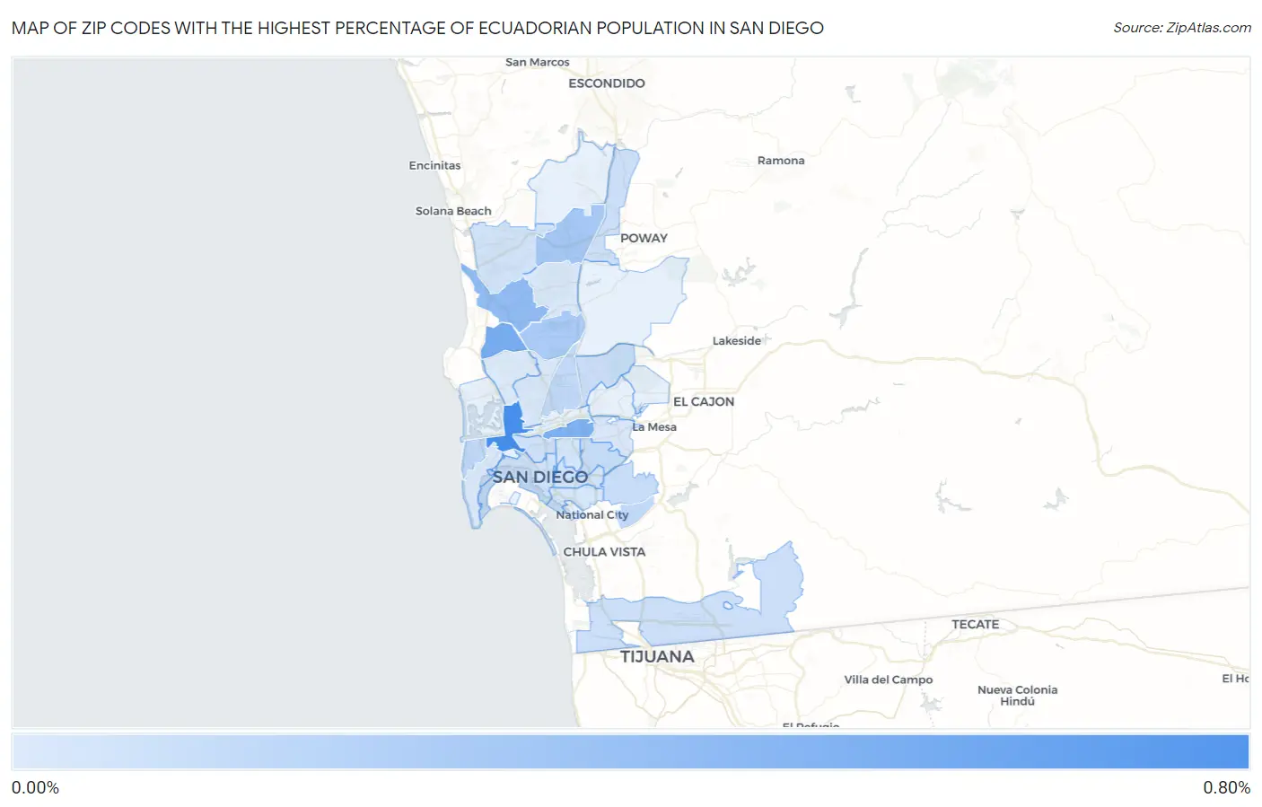Zip Codes with the Highest Percentage of Ecuadorian Population in San Diego Map
