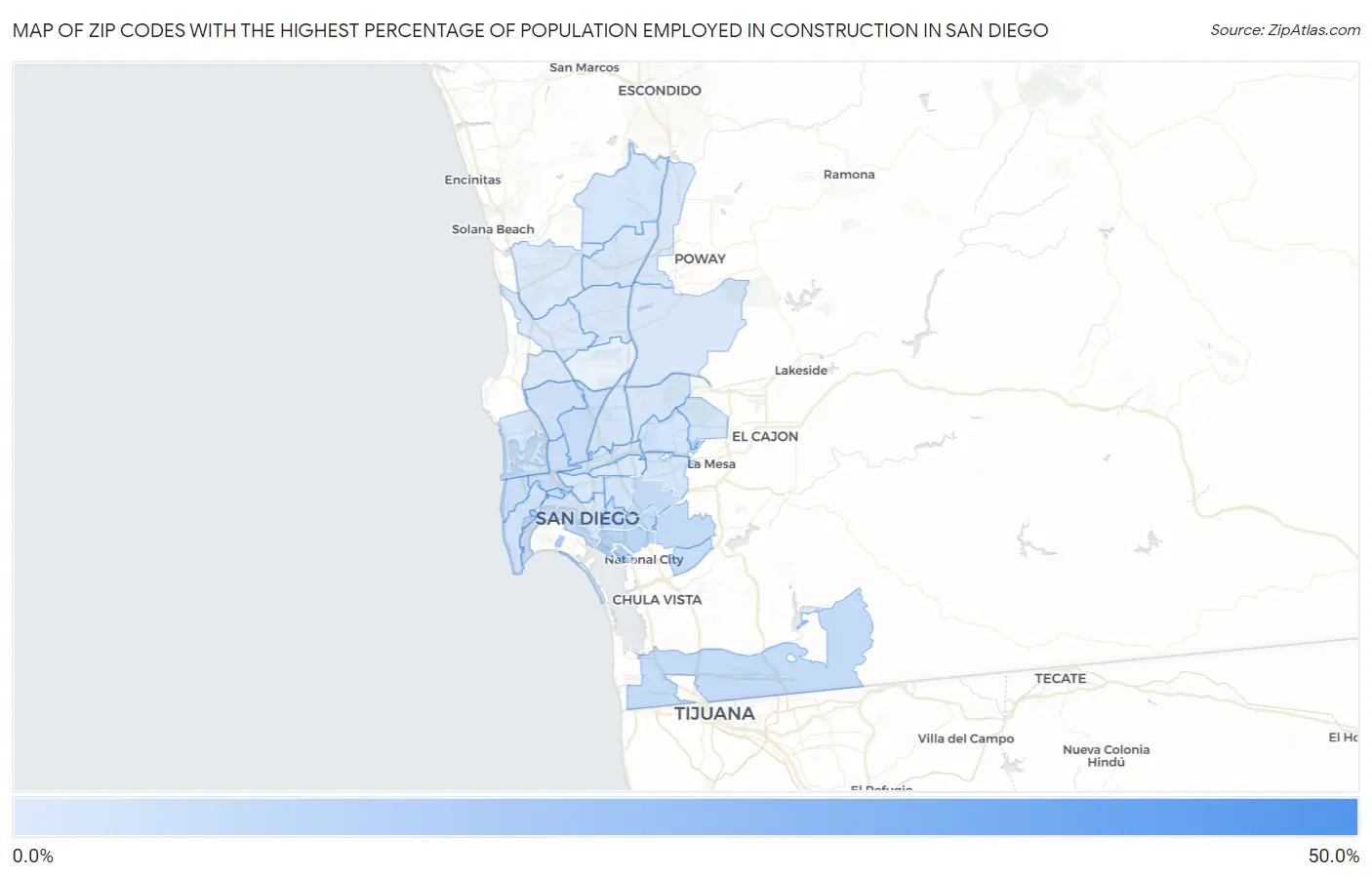Zip Codes with the Highest Percentage of Population Employed in Construction in San Diego Map