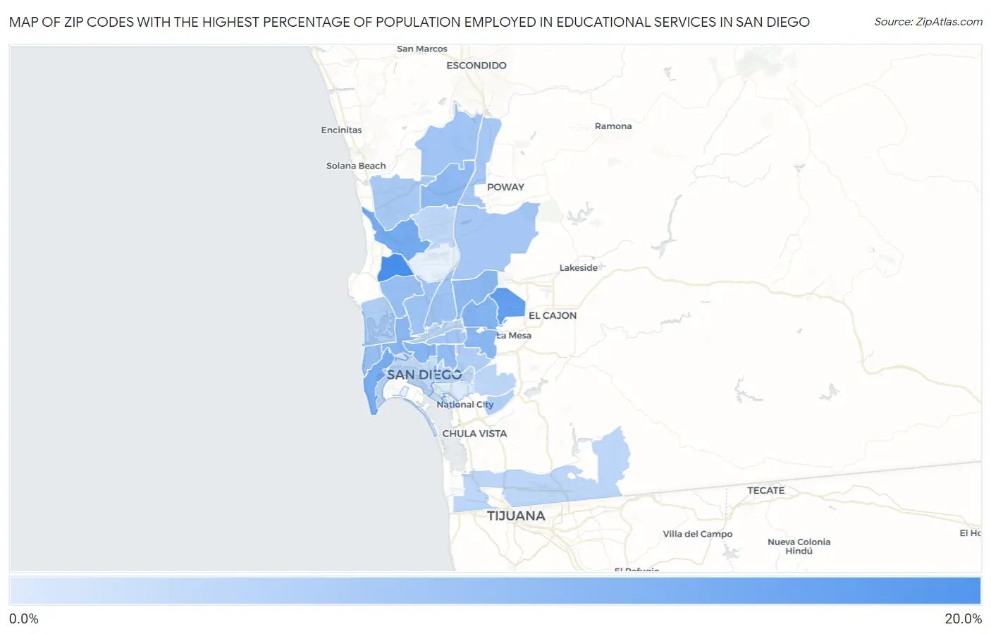 Zip Codes with the Highest Percentage of Population Employed in Educational Services in San Diego Map