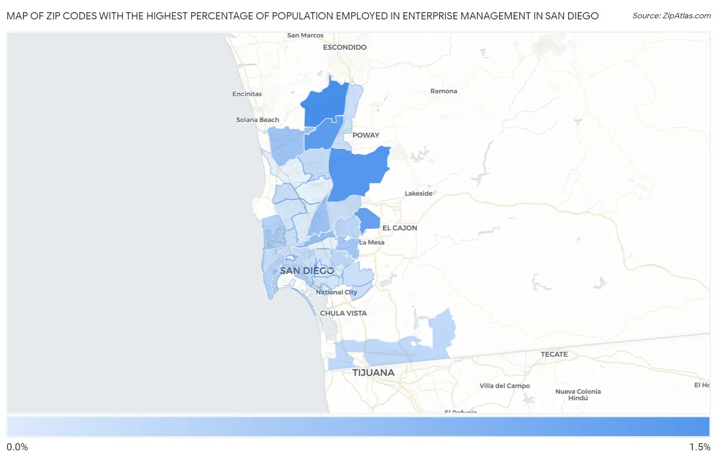 Zip Codes with the Highest Percentage of Population Employed in Enterprise Management in San Diego Map