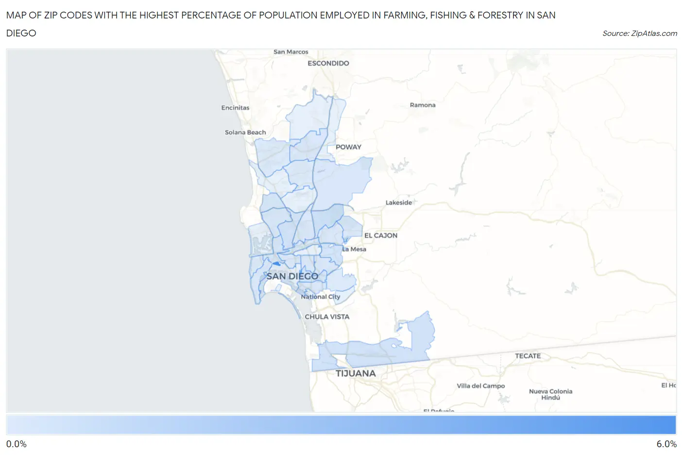 Zip Codes with the Highest Percentage of Population Employed in Farming, Fishing & Forestry in San Diego Map
