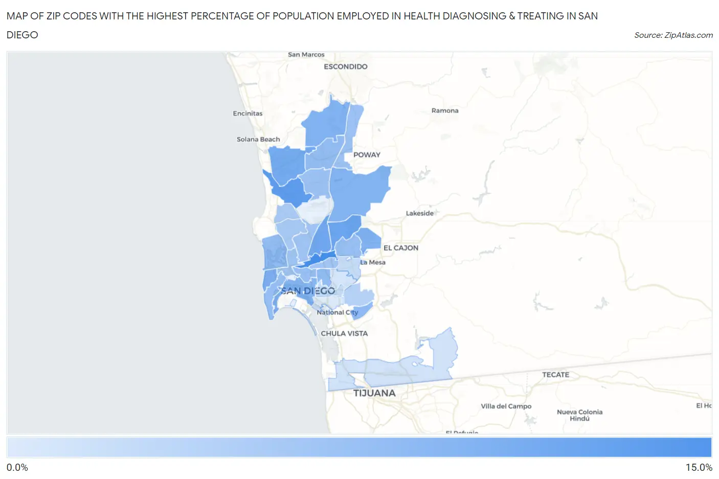 Zip Codes with the Highest Percentage of Population Employed in Health Diagnosing & Treating in San Diego Map