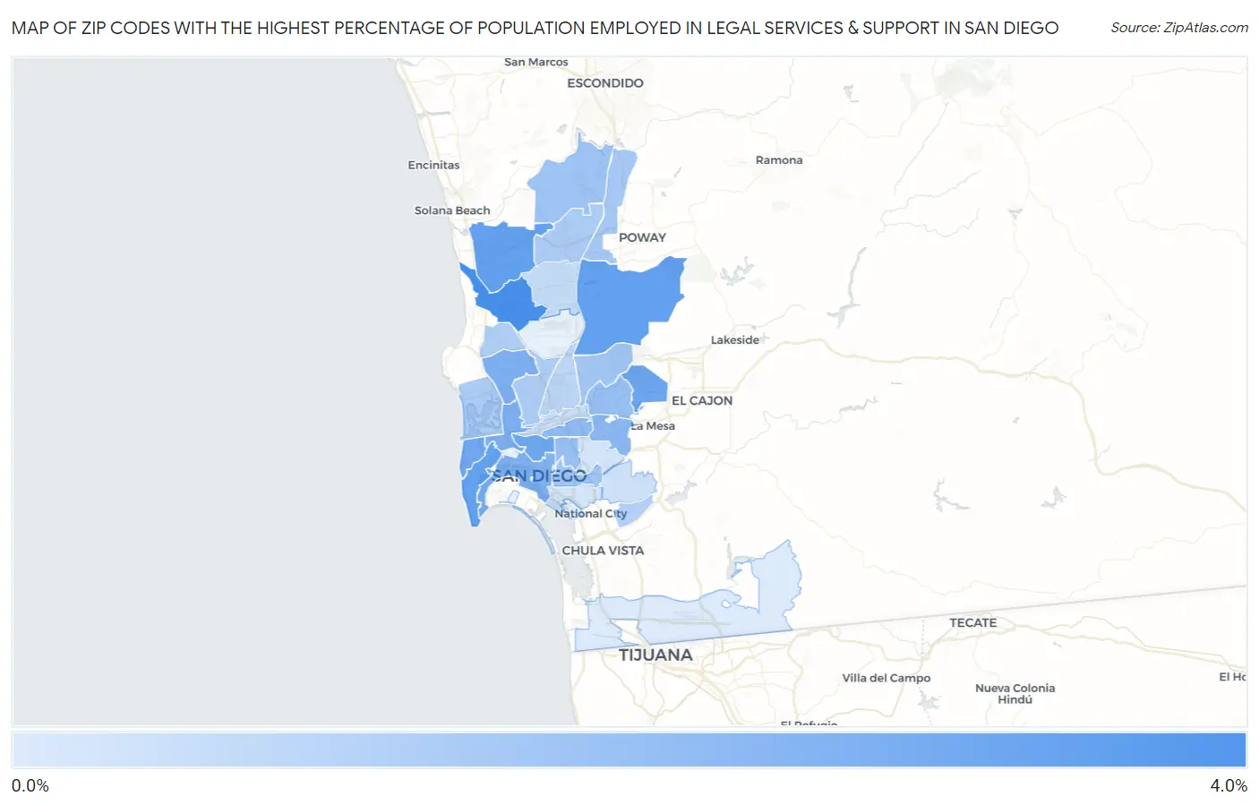 Zip Codes with the Highest Percentage of Population Employed in Legal Services & Support in San Diego Map