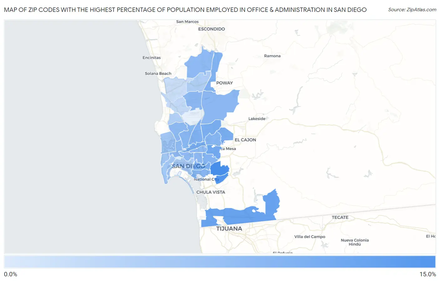 Zip Codes with the Highest Percentage of Population Employed in Office & Administration in San Diego Map