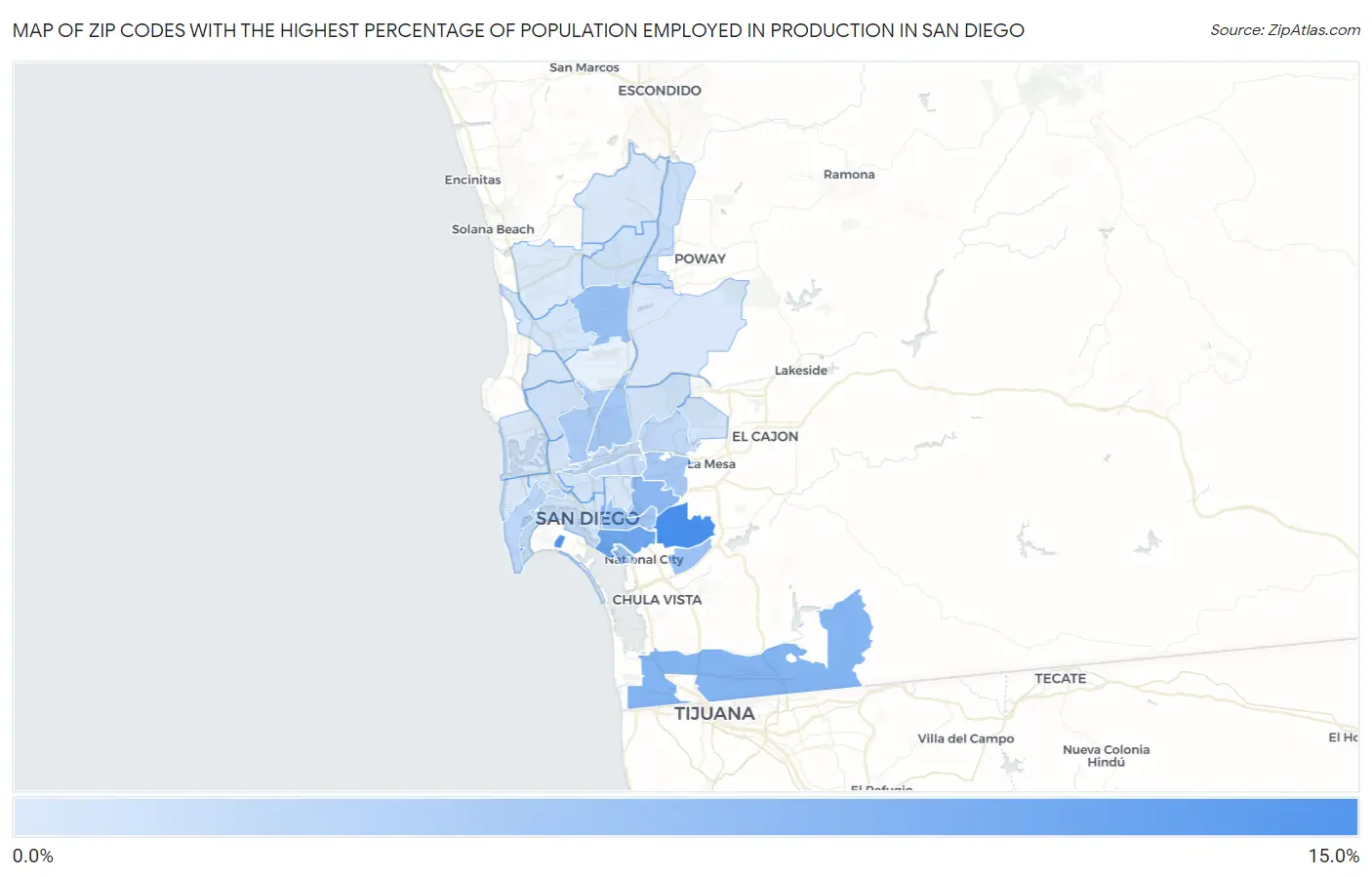 Zip Codes with the Highest Percentage of Population Employed in Production in San Diego Map