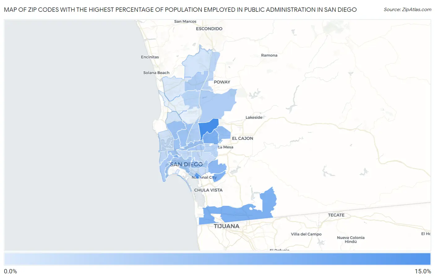 Zip Codes with the Highest Percentage of Population Employed in Public Administration in San Diego Map