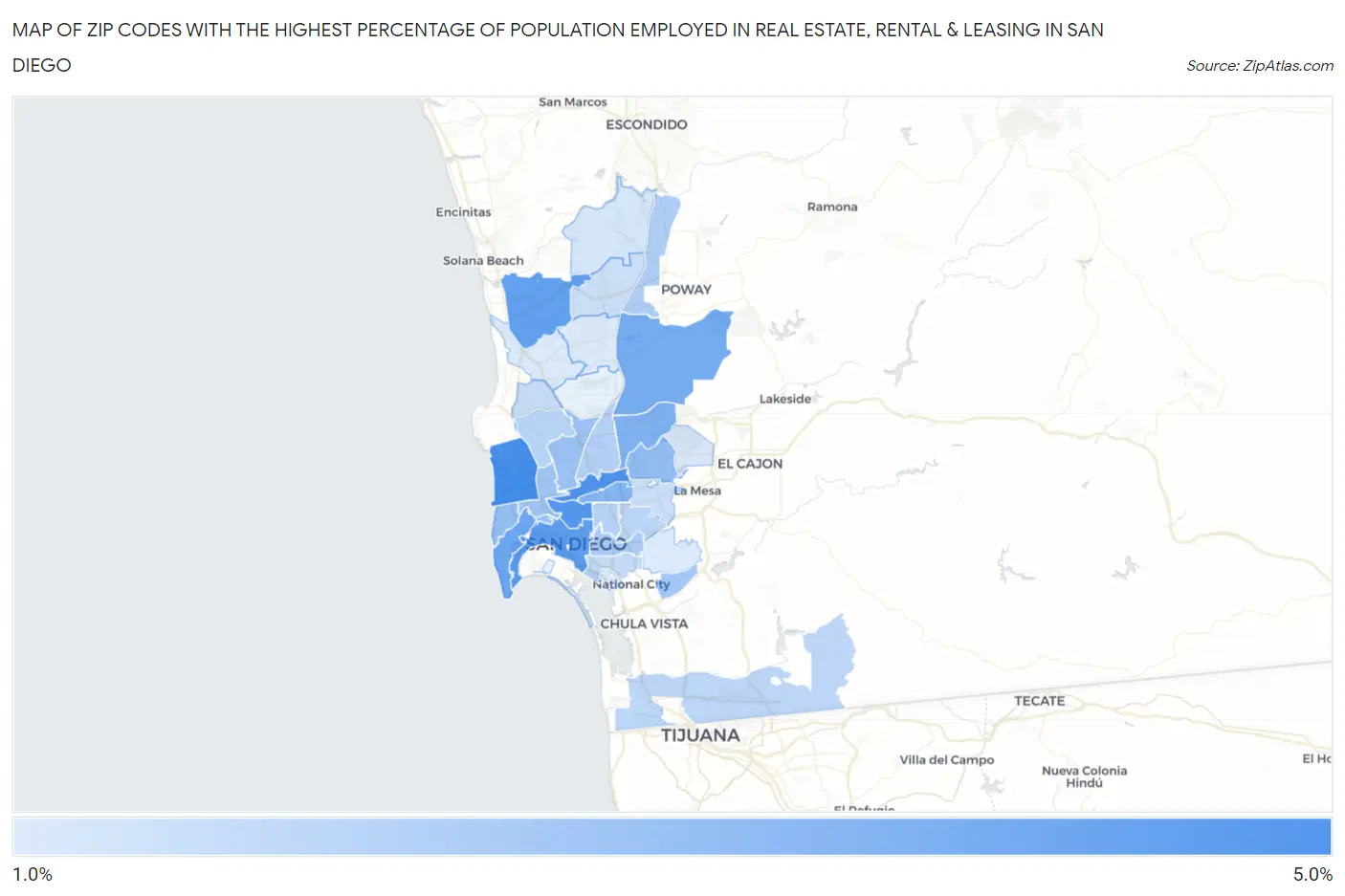 Zip Codes with the Highest Percentage of Population Employed in Real Estate, Rental & Leasing in San Diego Map