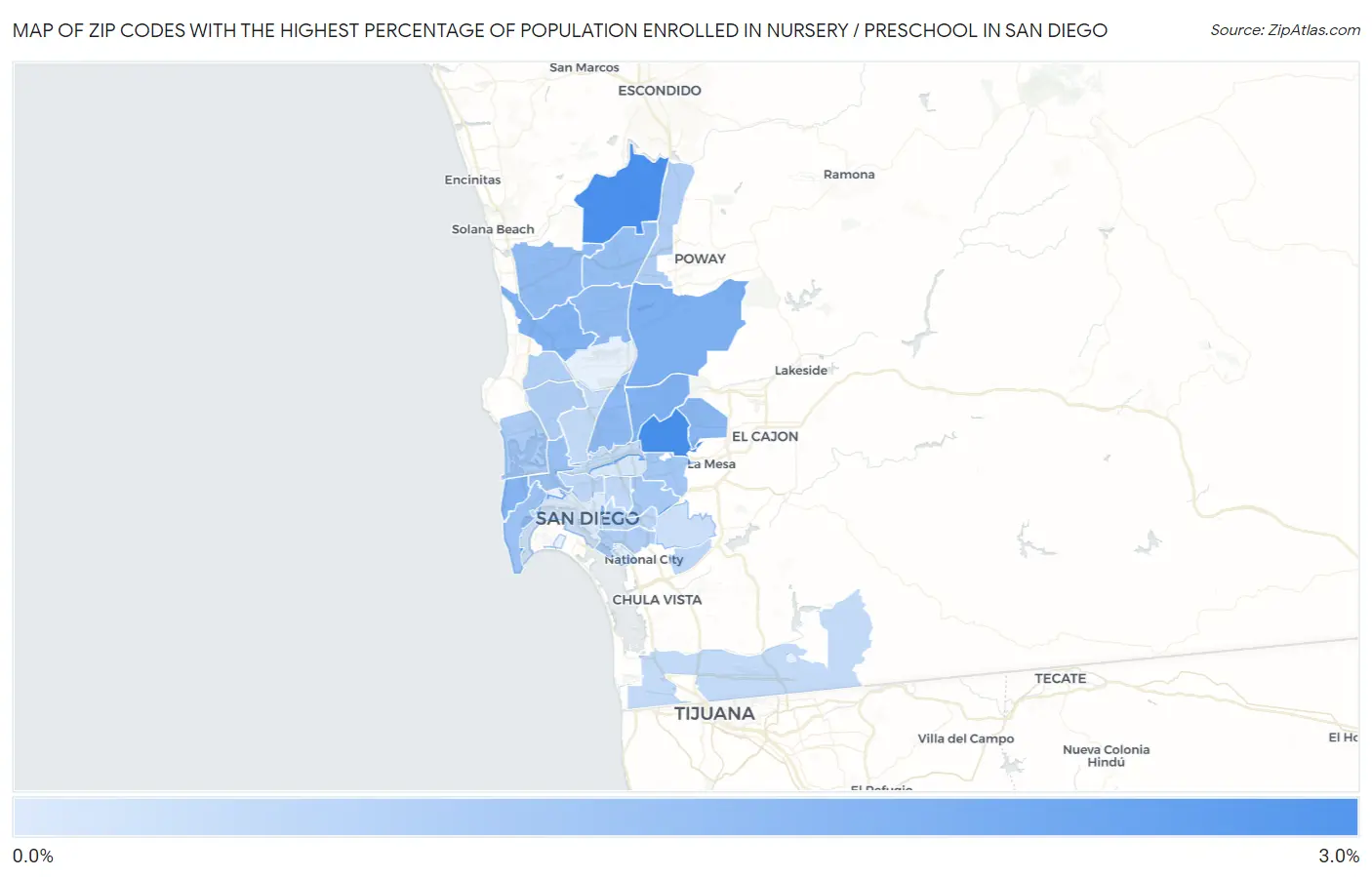 Zip Codes with the Highest Percentage of Population Enrolled in Nursery / Preschool in San Diego Map