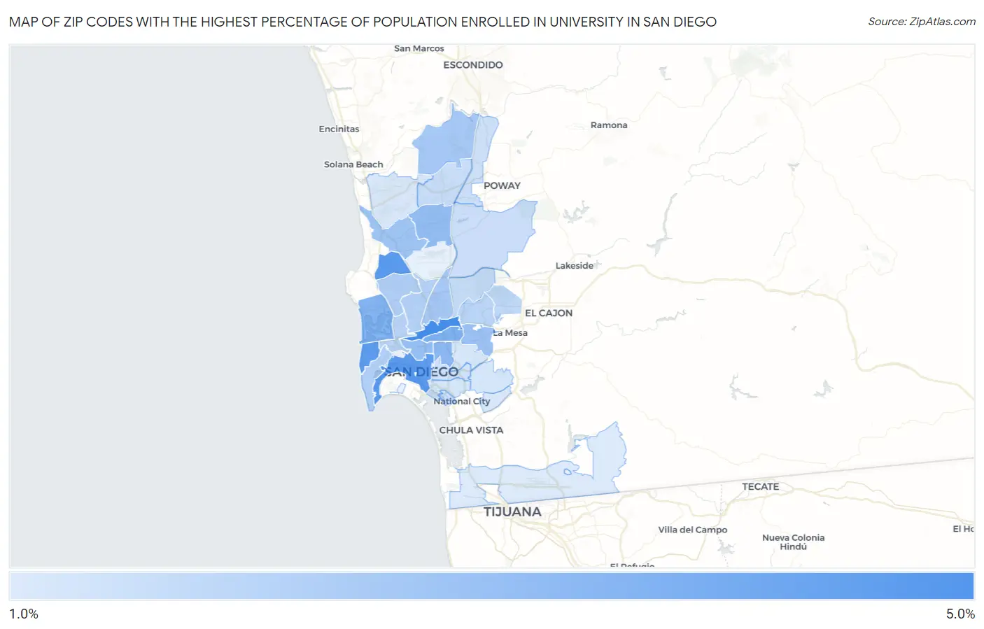 Zip Codes with the Highest Percentage of Population Enrolled in University in San Diego Map