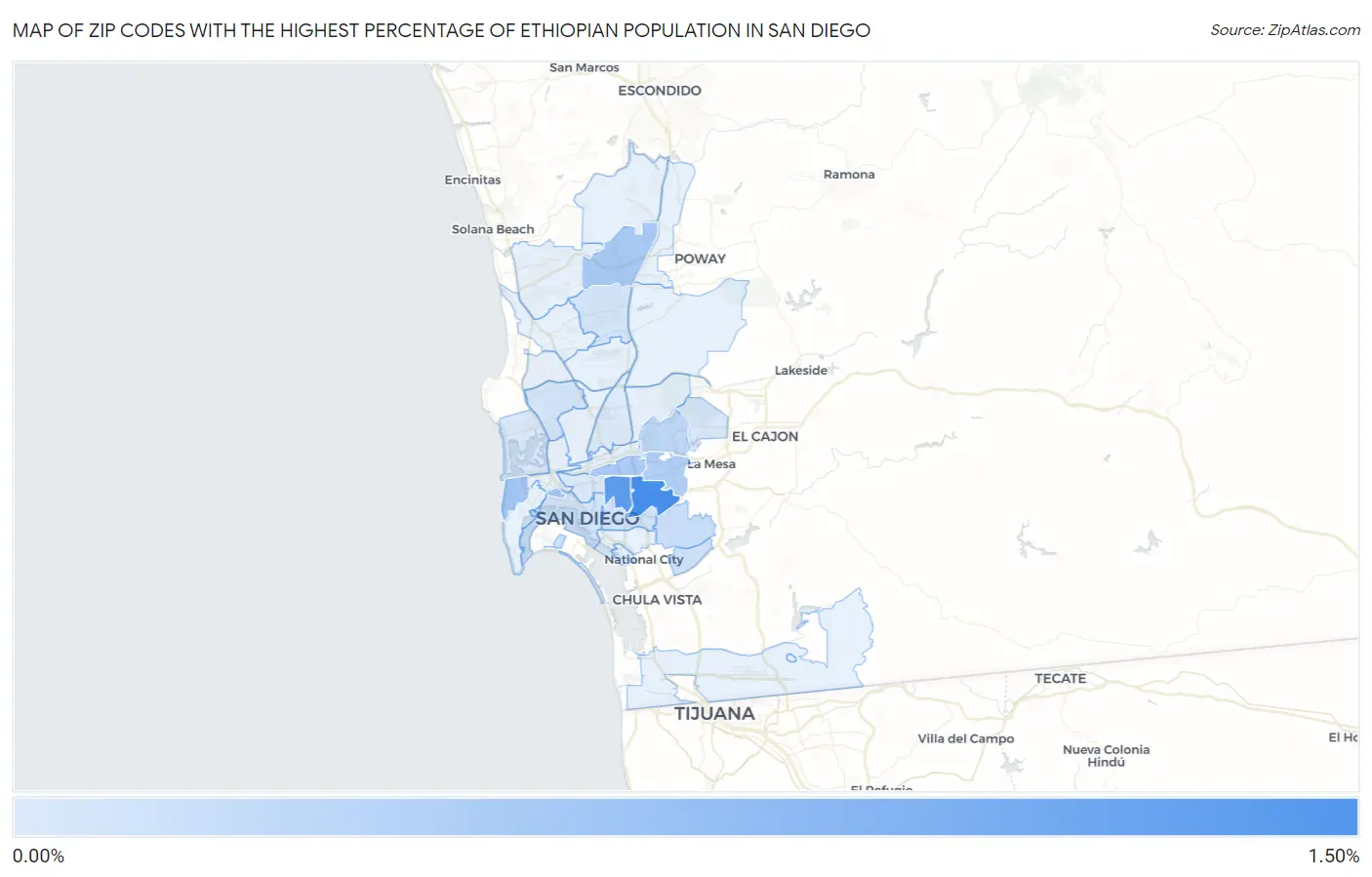 Zip Codes with the Highest Percentage of Ethiopian Population in San Diego Map