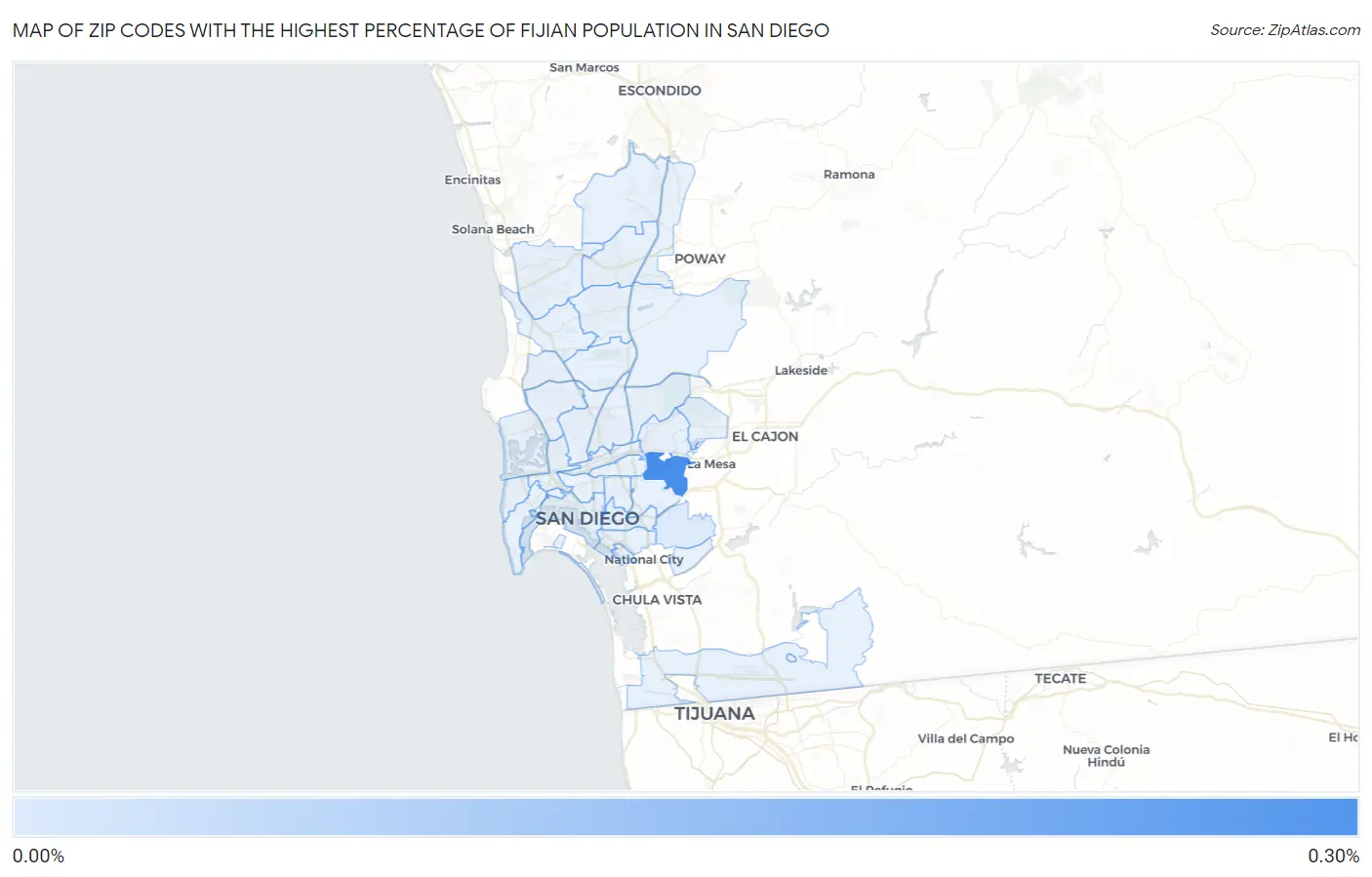 Zip Codes with the Highest Percentage of Fijian Population in San Diego Map