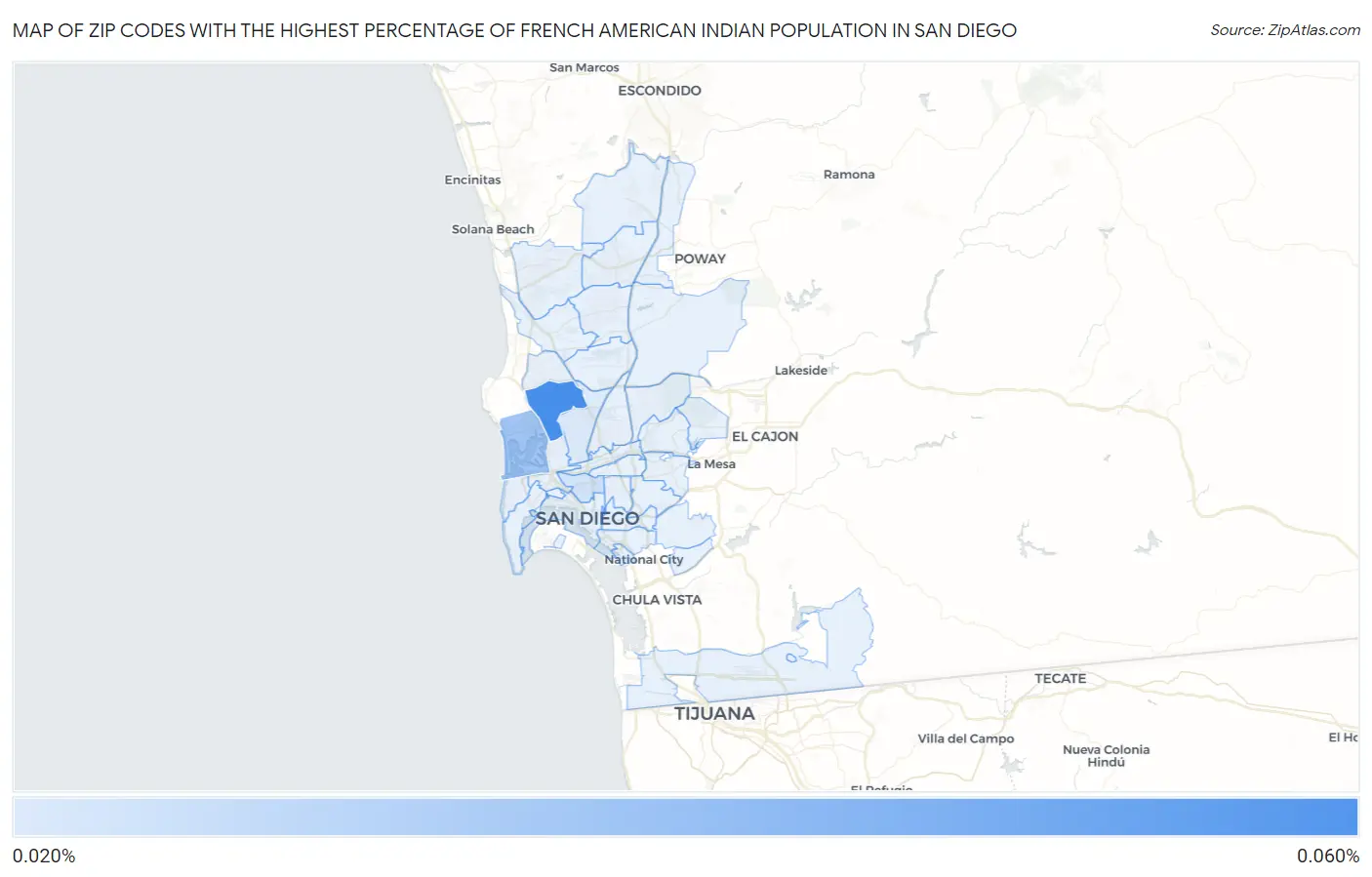 Zip Codes with the Highest Percentage of French American Indian Population in San Diego Map