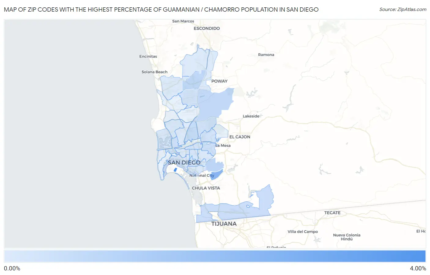 Zip Codes with the Highest Percentage of Guamanian / Chamorro Population in San Diego Map