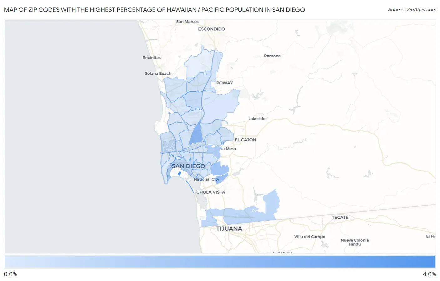 Zip Codes with the Highest Percentage of Hawaiian / Pacific Population in San Diego Map