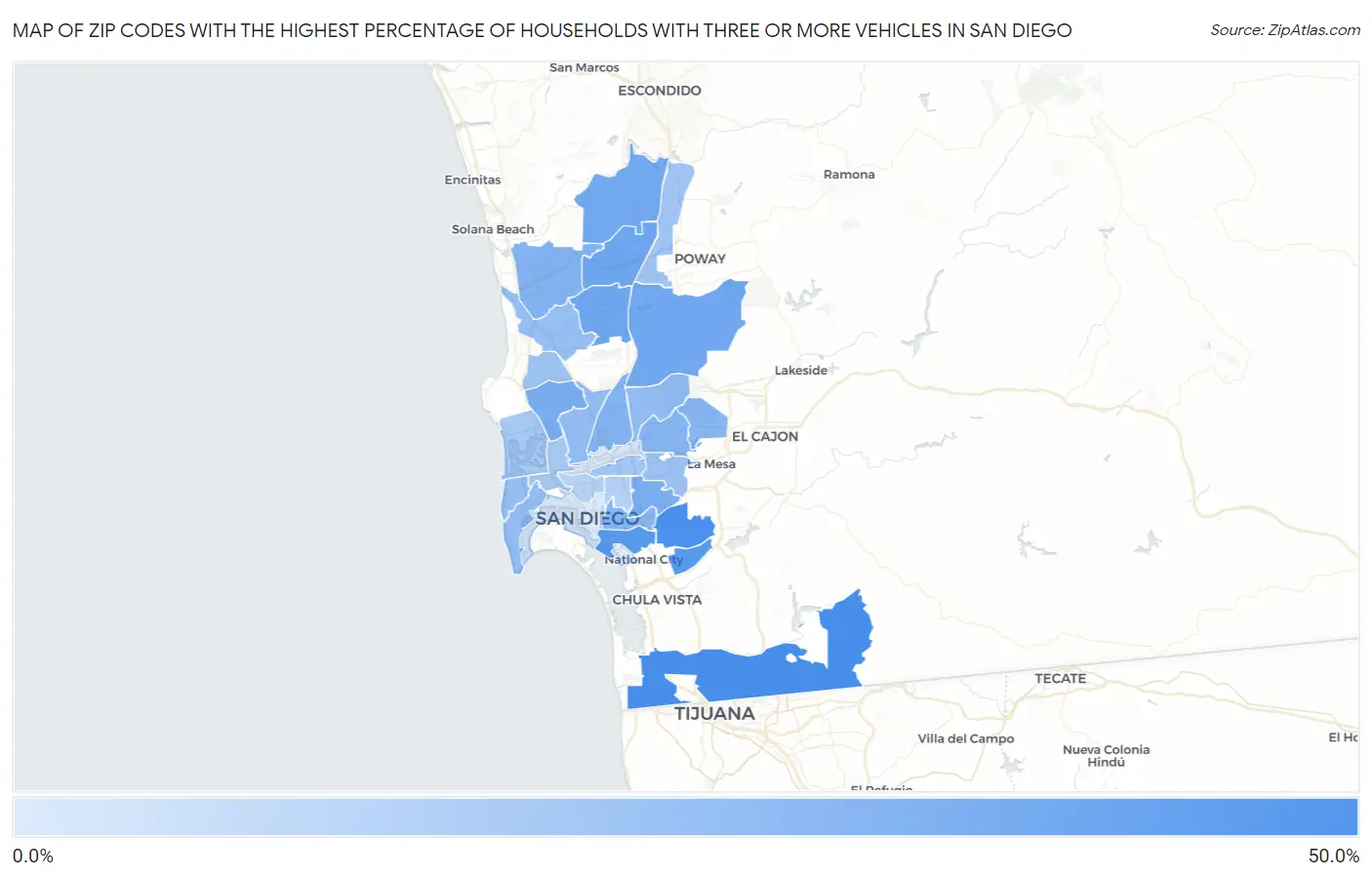 Zip Codes with the Highest Percentage of Households With Three or more Vehicles in San Diego Map