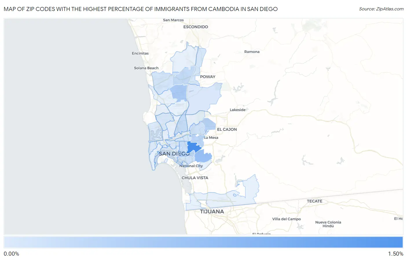 Zip Codes with the Highest Percentage of Immigrants from Cambodia in San Diego Map