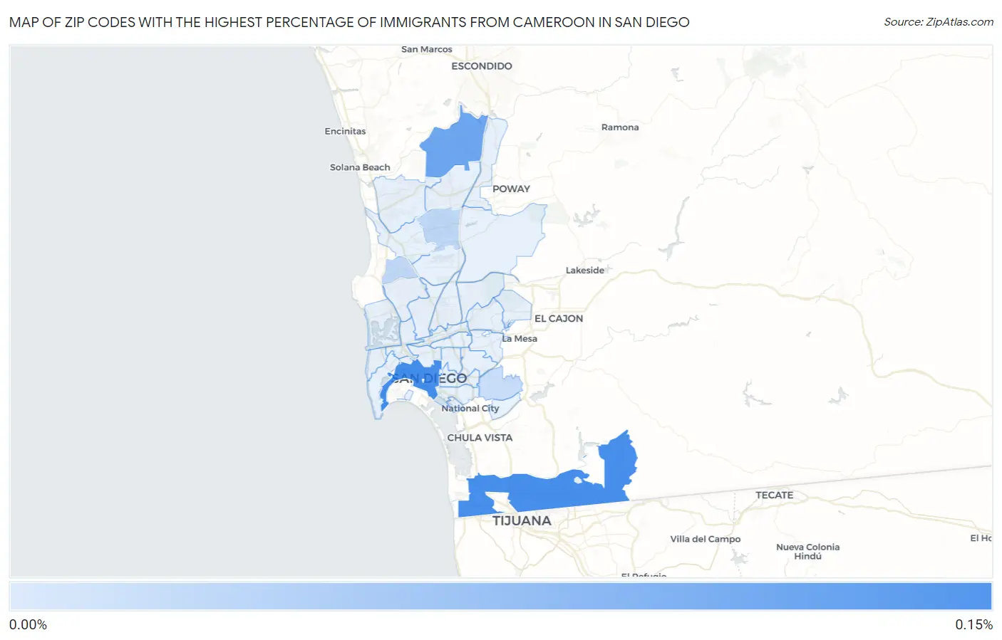 Zip Codes with the Highest Percentage of Immigrants from Cameroon in San Diego Map