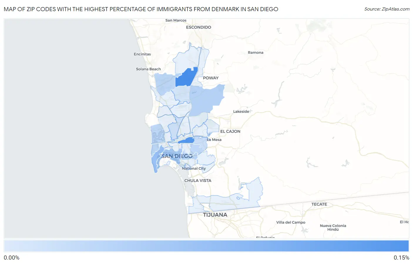 Zip Codes with the Highest Percentage of Immigrants from Denmark in San Diego Map
