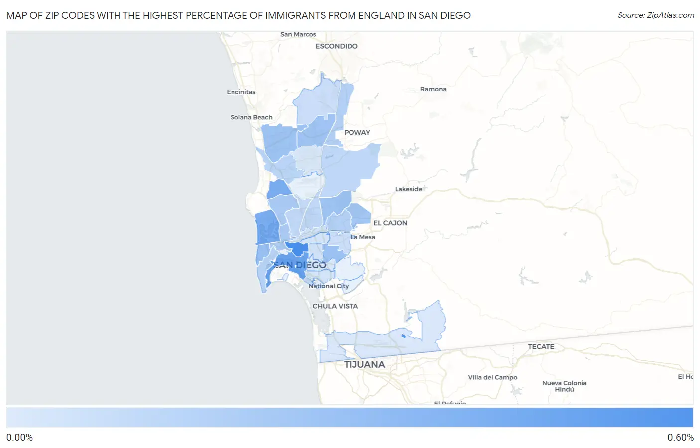 Zip Codes with the Highest Percentage of Immigrants from England in San Diego Map