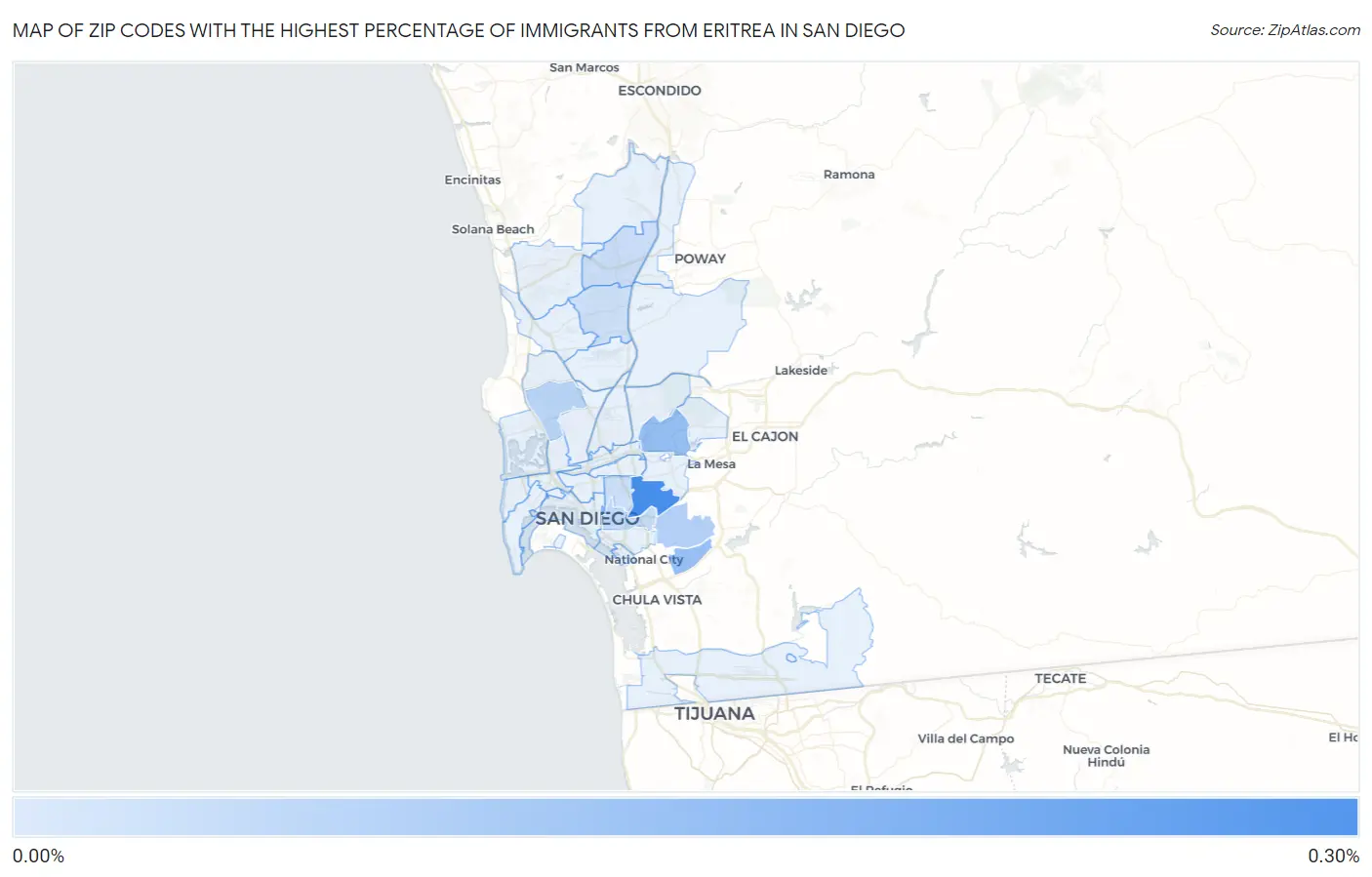 Zip Codes with the Highest Percentage of Immigrants from Eritrea in San Diego Map