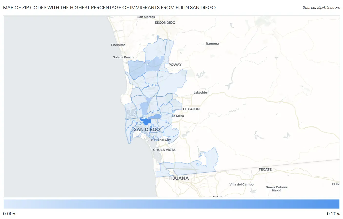 Zip Codes with the Highest Percentage of Immigrants from Fiji in San Diego Map