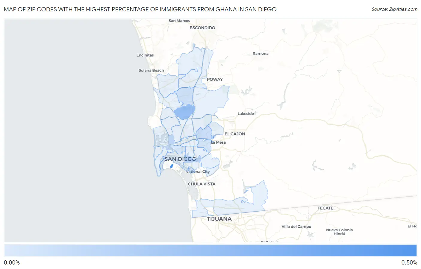 Zip Codes with the Highest Percentage of Immigrants from Ghana in San Diego Map