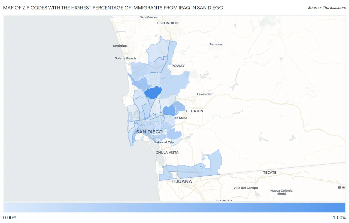 Zip Codes with the Highest Percentage of Immigrants from Iraq in San Diego Map