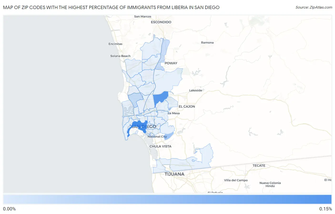 Zip Codes with the Highest Percentage of Immigrants from Liberia in San Diego Map