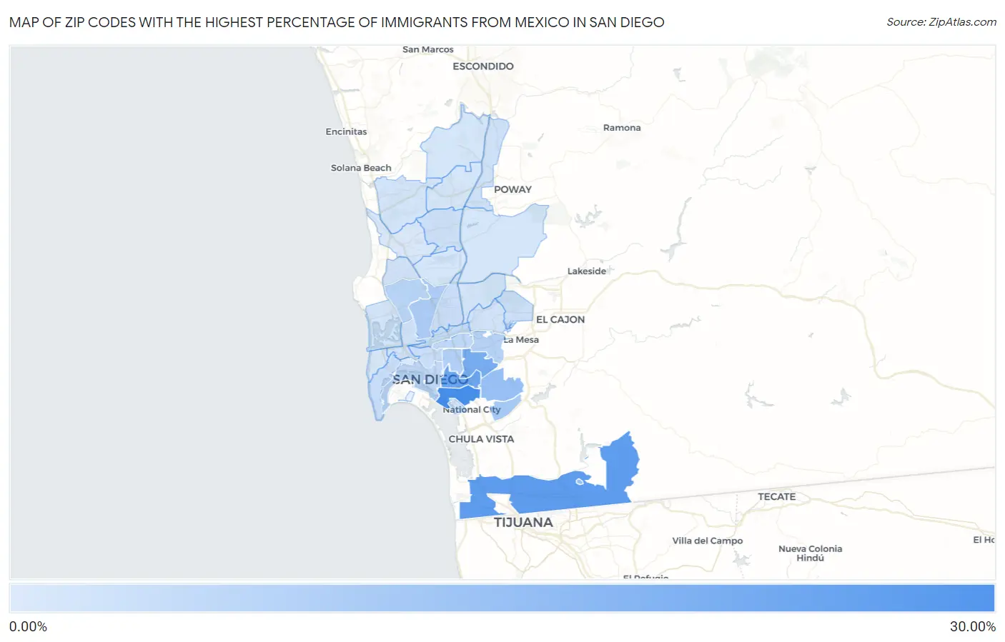Zip Codes with the Highest Percentage of Immigrants from Mexico in San Diego Map