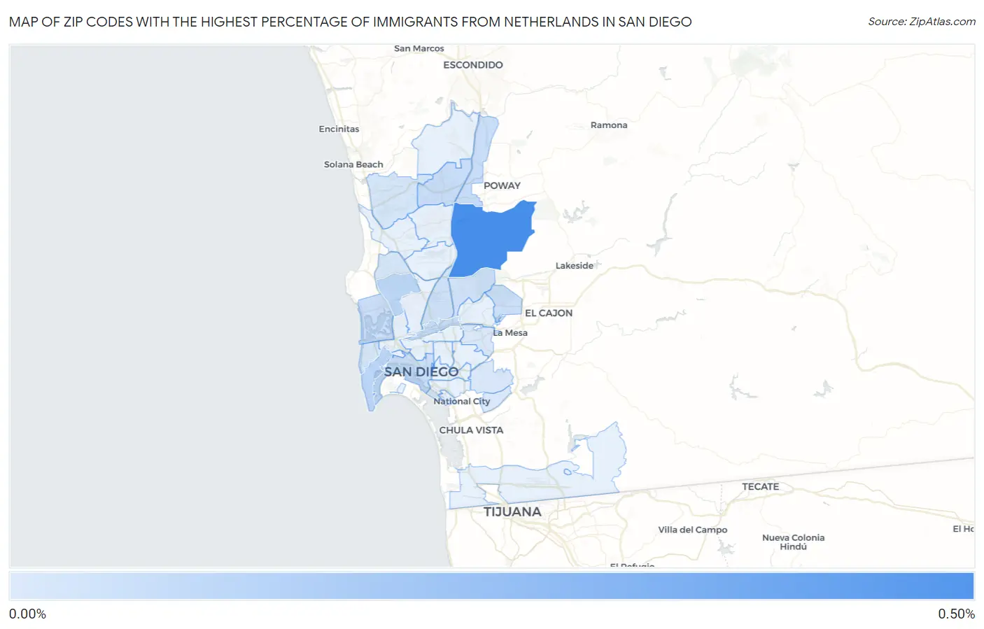 Zip Codes with the Highest Percentage of Immigrants from Netherlands in San Diego Map