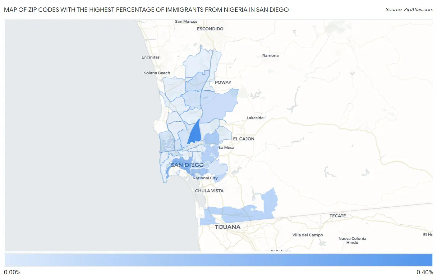 Zip Codes with the Highest Percentage of Immigrants from Nigeria in San Diego Map