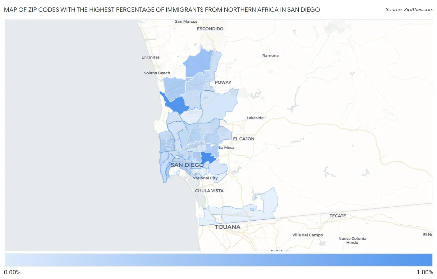 Zip Codes with the Highest Percentage of Immigrants from Northern Africa in San Diego Map