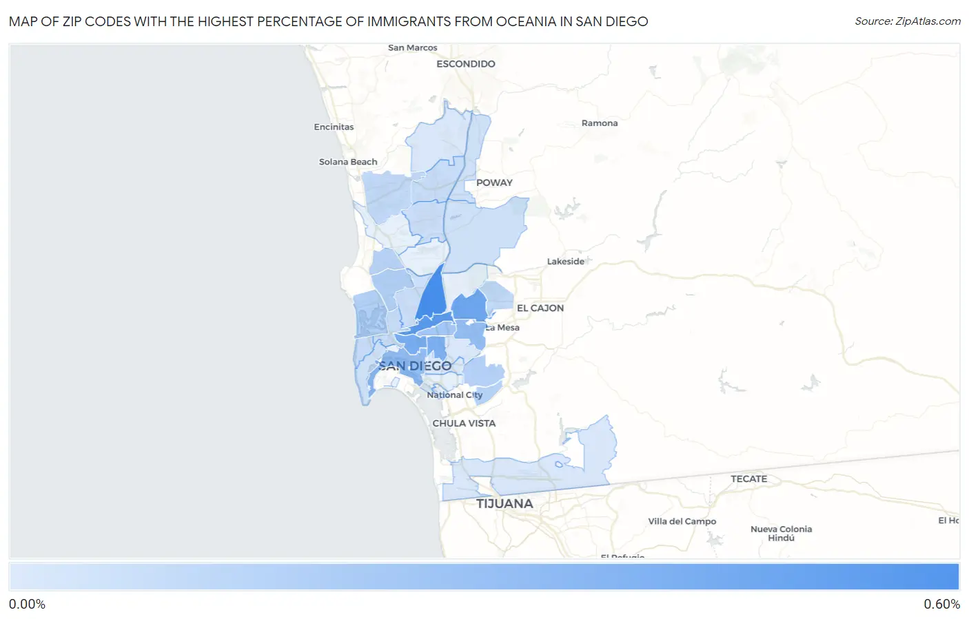 Zip Codes with the Highest Percentage of Immigrants from Oceania in San Diego Map