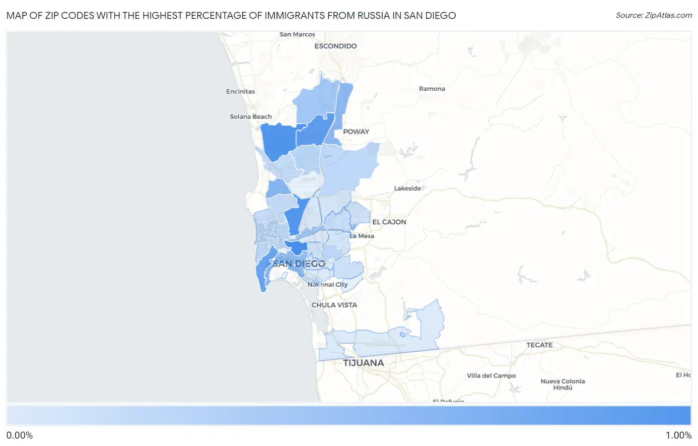 Zip Codes with the Highest Percentage of Immigrants from Russia in San Diego Map