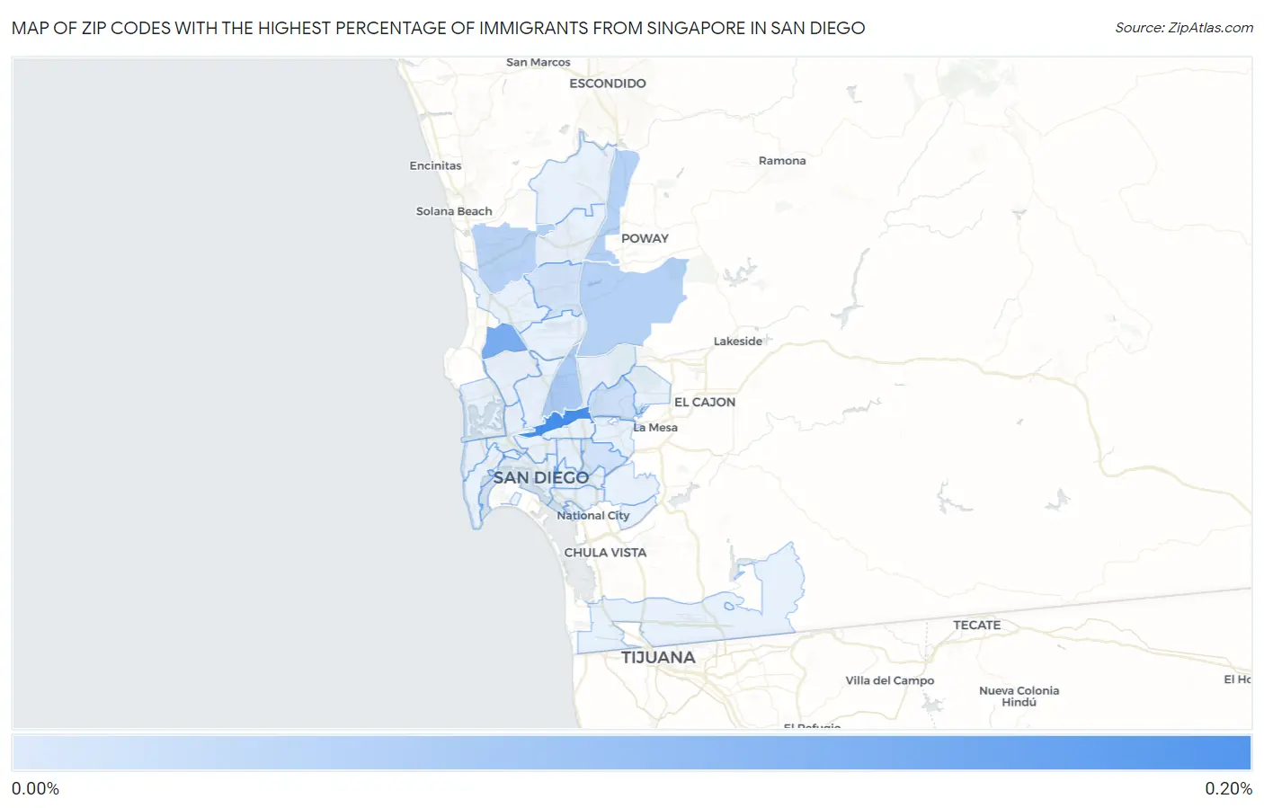 Zip Codes with the Highest Percentage of Immigrants from Singapore in San Diego Map