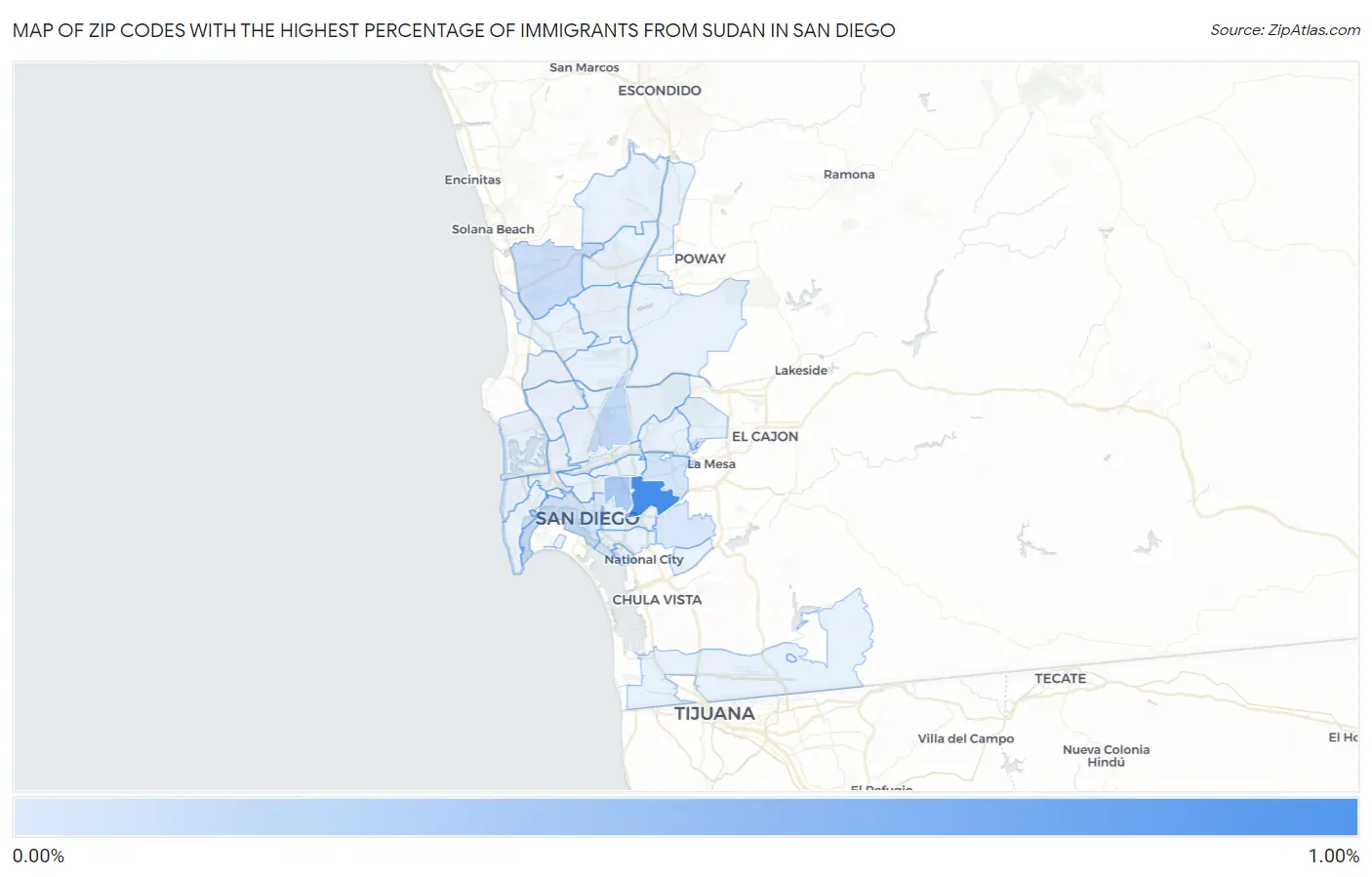 Zip Codes with the Highest Percentage of Immigrants from Sudan in San Diego Map